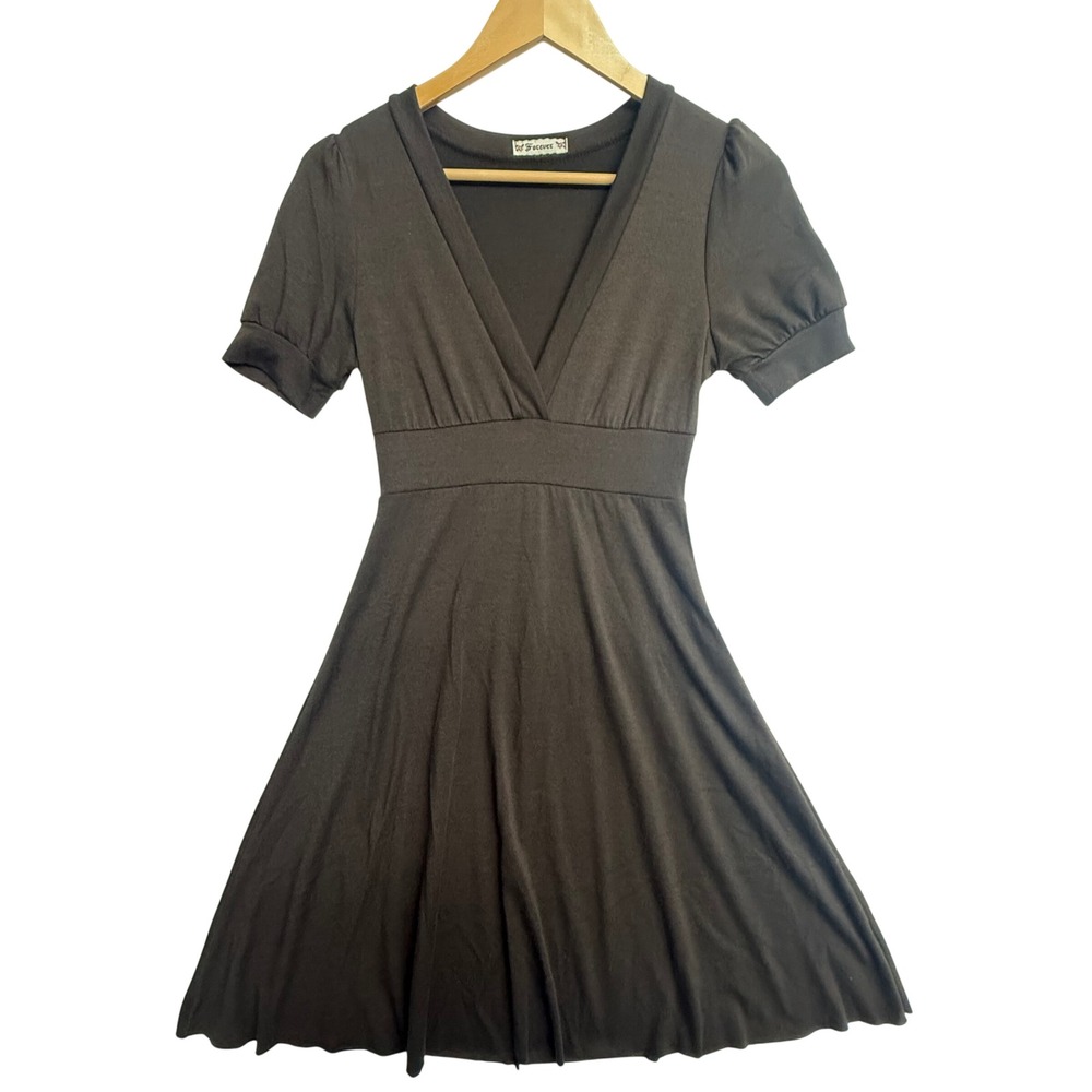 Forever 21 Brown V-Neck Empire‎ Waist Puff Sleeve A-Line Mini Dress Womens